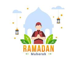 fundo de ramadan kareem com menino muçulmano rezando vetor