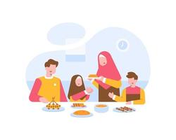 família muçulmana comendo juntos na mesa de jantar vetor