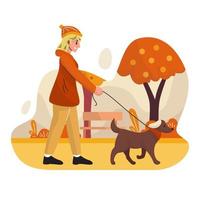 a garota andando com seu cachorro no outono vetor
