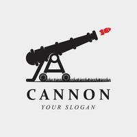 canhão criativo, bola de canhão e logotipo vintage de artilharia com modelo de slogan vetor