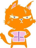 gato de desenho animado de estilo de cor plana resistente com presente de natal vetor
