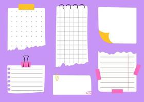 conjunto de modelos de notas de papel desenhados à mão para listas de verificação ou listas de tarefas. folhas de caderno com clipe de papel e fita adesiva em fundo roxo. vetor