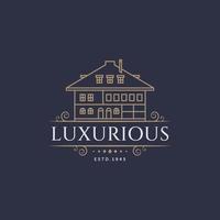 luxuoso clássico hotel linha arte ícone rótulo logotipo modelo design ilustração vetorial. edifício linear para imóveis com floreios elegantes linhas de ornamento caligráfico conceito de logotipo de ícone vetor