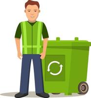 homem limpador de lixo ou zelador.limpeza litter.garbage cans.recycling lixo separação bin green.vector ilustração plana deskside reciclagem recipiente. vetor