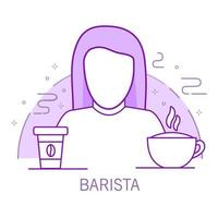 menina barista contorno personagem de desenho animado com um cappuccino e um copo de papel de coffee.hot drink. linha arte vector.isolated em um fundo branco. vetor