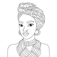 mulher negra africana turbante envoltório de cabeça lenço lenço na cabeça rainha núbia vetor ilustração de contorno de página para colorir