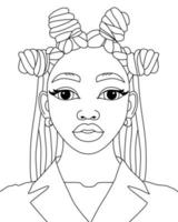 mulher negra africana, nós bantu, penteado moderno, menina afro, vetor de penteado, ilustração de contorno de página para colorir