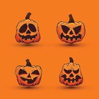 abóboras de halloween em vetor com conjunto de ícones de rosto diferente. ilustração colorida mão desenhada. rostos de monstros. elementos de design para logotipo, emblemas, banners, rótulos, cartazes