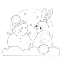 desenho de coelho fofo com um boneco de neve para colorir. livro para colorir com coelho. ilustração vetorial de inverno com caráter animal. vetor