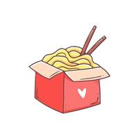 macarrão wok em uma caixa vermelha em estilo kawaii doodle. ilustração em vetor fast-food isolado.