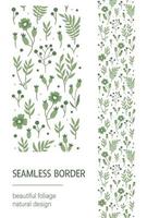 escova de padrão sem emenda de vetor com folhas verdes, bagas, flores sobre fundo branco. ornamento de borda floral. ilustração plana desenhada à mão na moda com vegetação, plantas florestais