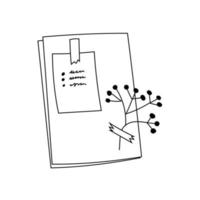 folhas de papel brancas desenhadas à mão com um raminho de flor preso com fita adesiva. folhas de bloco de notas doodle em branco isoladas. páginas do diário decoradas com uma planta. folhas de caderno fofo com contorno de adesivo. vetor