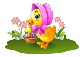 pato bebê dos desenhos animados carregando ovo decorado vetor