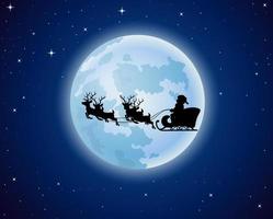 Papai Noel monta silhueta de trenó de renas contra um fundo de lua cheia vetor