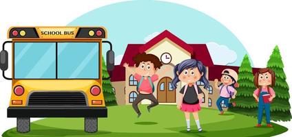 ônibus escolar com personagem de desenho animado infantil vetor