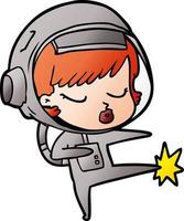 karatê menina bonita astronauta dos desenhos animados chutando vetor