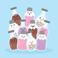 quatro tipos de bebidas boba, como mirtilo, morango, baunilha, sabores de chocolate com estilo doodle. vetor