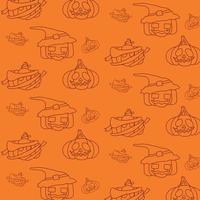 ilustração de linha fina preta abóbora de halloween no padrão sem emenda de fundo laranja em vetor. fundo de dia das bruxas. vetor