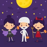 festa a fantasia de menino e menina no halloween. vetor