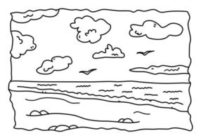 crianças desenhadas à mão para colorir com estilo de doodle de paisagem do mar, ilustração vetorial isolada no fundo branco. natureza, contorno preto, vista com ondas e nuvens vetor