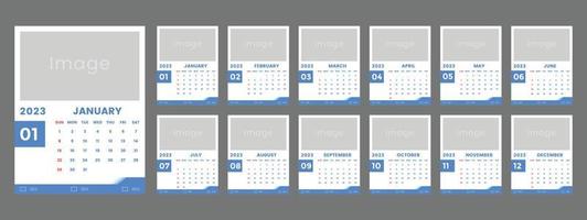 design de modelo de calendário de parede 2023 na cor azul e branca vetor
