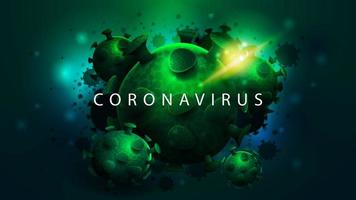 cartaz escuro com grandes moléculas de coronavírus verde vetor