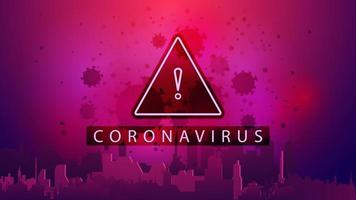 cartaz rosa com sinal de aviso, moléculas de cidade e coronavírus vetor