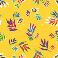 ilustração vetorial de folhas multicoloridas brilhantes de plantas tropicais formando um padrão perfeito em fundo amarelo vetor