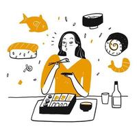 mulher desenhada mão feliz comendo sushi vetor