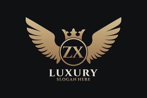 luxo royal wing letter zx crest gold color logo vector, logotipo da vitória, logotipo da crista, logotipo da asa, modelo de logotipo vetorial. vetor