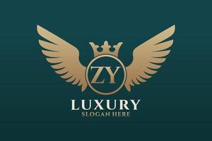 luxo royal wing letter zy crest gold color logo vector, logotipo da vitória, logotipo da crista, logotipo da asa, modelo de logotipo vetorial. vetor