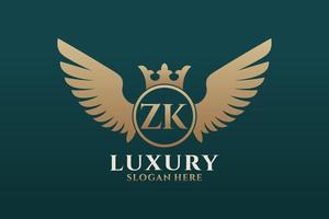 luxo royal wing letter zk crest gold color logo vector, logotipo da vitória, logotipo da crista, logotipo da asa, modelo de logotipo vetorial. vetor