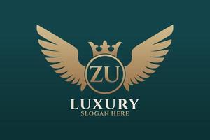 luxo royal wing letter zu crest gold color logo vector, logotipo da vitória, logotipo da crista, logotipo da asa, modelo de logotipo vetorial. vetor