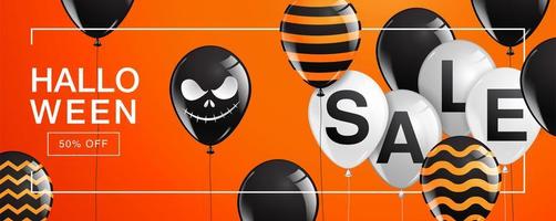 banner de venda de halloween com balões na laranja vetor