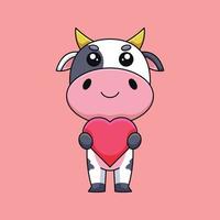 vaca bonitinha segurando coração de amor desenhos animados doodle arte conceito desenhado à mão ilustração de ícone do vetor kawaii