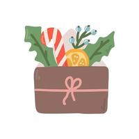 ilustração plana de natal, envelope festivo com doces e frutas no fundo branco vetor