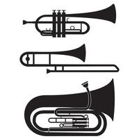 conjunto de instrumentos musicais de sopro trompete trombone tuba, ilustração vetorial isolada de estêncil preto vetor