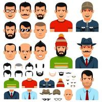 construtor de homens em estilo simples. rosto personalizável, penteado, roupas, chapéu, emoções. fácil construção de seu personagem. vetor