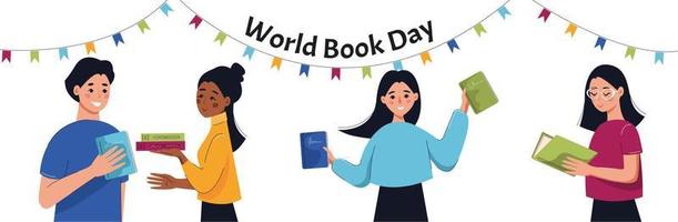 dia mundial do livro. pessoas com livros nas mãos. conceito de leitura, desenvolvimento, educação. ilustração em vetor plana.
