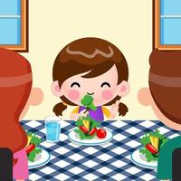 menina bonitinha dos desenhos animados gosta de comer legumes e os pais a apreciaram vetor