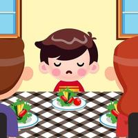 menino bonitinho dos desenhos animados não quer comer legumes, e seus pais tentam convencê-lo vetor