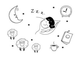 conjunto de higiene do sono, ilustração de esboço desenhado à mão doodle vetorial vetor