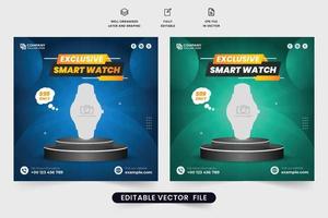 vetor de postagem de mídia social de venda de produto smartwatch. oferta de mega venda de smartwatch por tempo limitado. modelo de desconto de venda de relógio de pulso com fundos azuis e verdes. modelo de venda e promoção de produtos.
