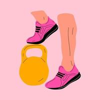 a perna de uma mulher está de pé em um kettlebell. conceito de revolução esportiva. ilustração vetorial colorida em design plano. vetor