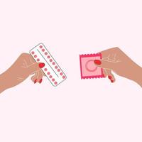 ilustração de mão segurando o preservativo e pílulas anticoncepcionais. estilo desenhado à mão. vetor