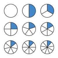ícone de gráfico de linha de círculo fracionário. proporção e alguns ícones vetoriais lineares. torta ou pizza em forma redonda cortada em fatias azuis. ilustração linear de um gráfico de negócios simples ou para educação. aprender frações. vetor