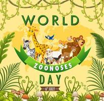 cartaz de desenho animado do dia mundial das zoonoses vetor
