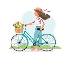 mulher com uma bicicleta com flores na cesta vetor