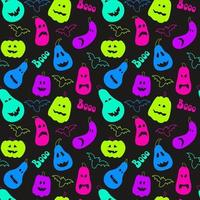 padrão perfeito com abóboras neon brilhantes, morcegos em fundo escuro para o halloween. vetor