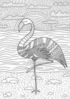 desenho de vetor de flamingo para colorir. coloração desenhada à mão com paisagem de mar bonito e flamingo.